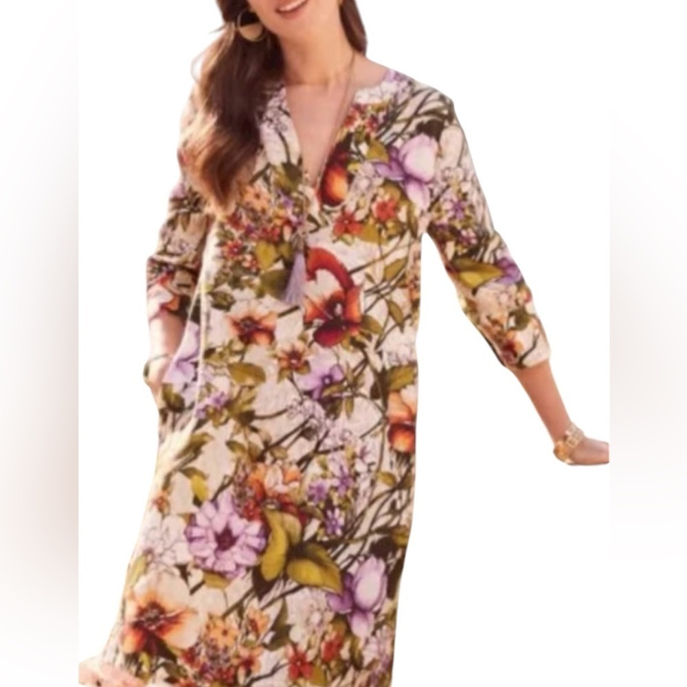 Chico's 100% Linen 3/4 sleeves V Neck Multicolor Floral Dress Size 0. D18